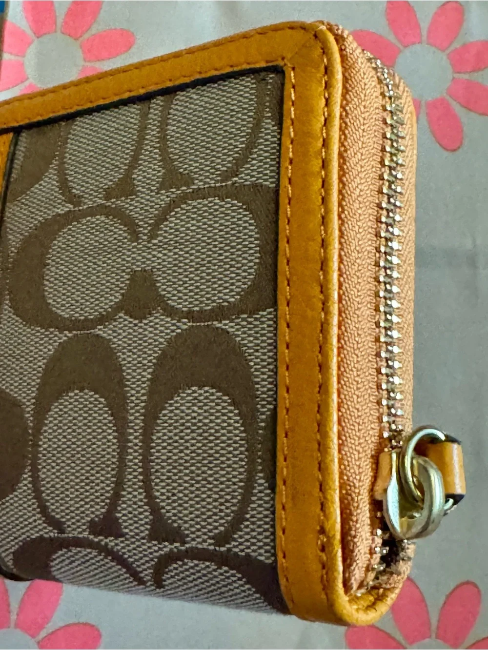 COACH Signature Canvas Wallet with Mustard Leather Trim